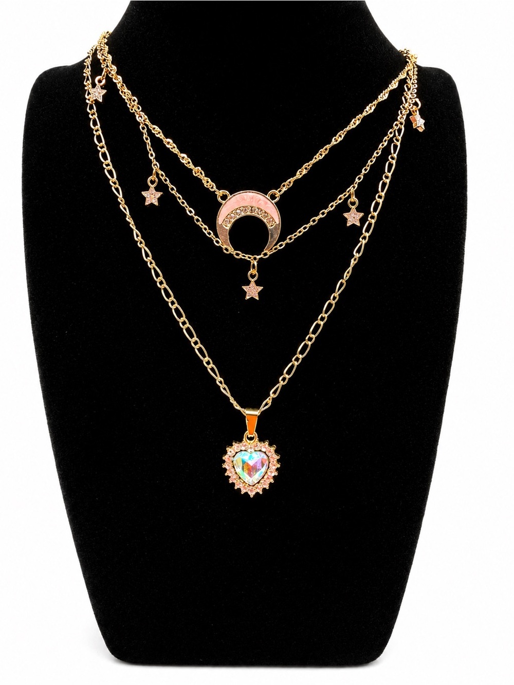 Gold-Tone Layered Necklace with Pink Crescent & Iridescent Heart Pendant by